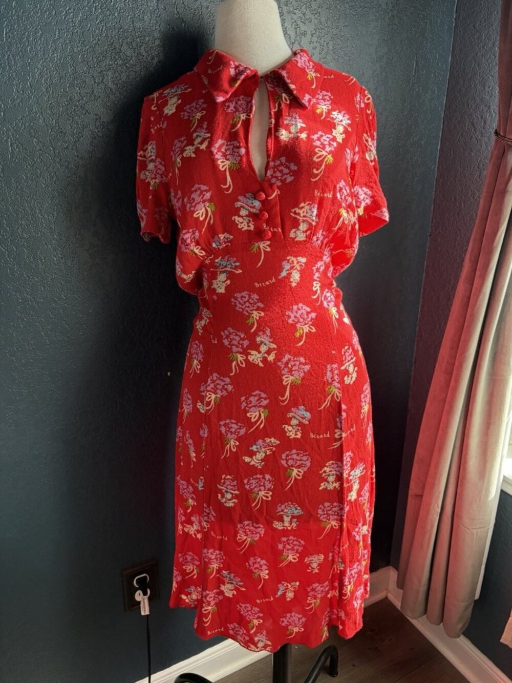 Anna Sui Berard Vintage Tomato Red Floral Dress Sz 6 Short Sleeve 40s inspired